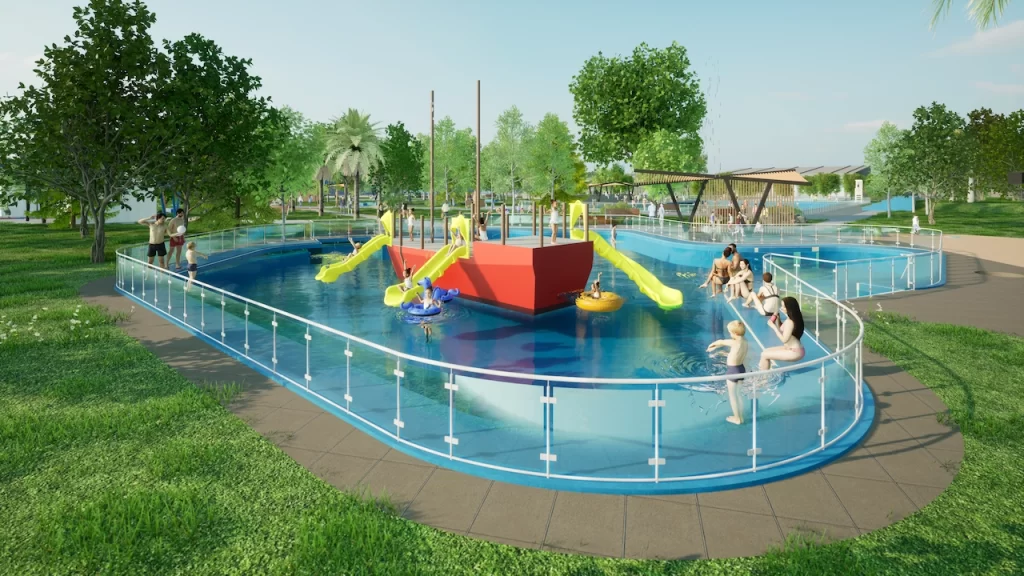 Diseño de piscina recreativa en Rengo realizado por Crea Espacio. El proyecto incluye un área de juegos acuáticos con un barco temático y toboganes, rodeado de espacios verdes que promueven la interacción familiar y el disfrute al aire libre, integrando sostenibilidad y funcionalidad.