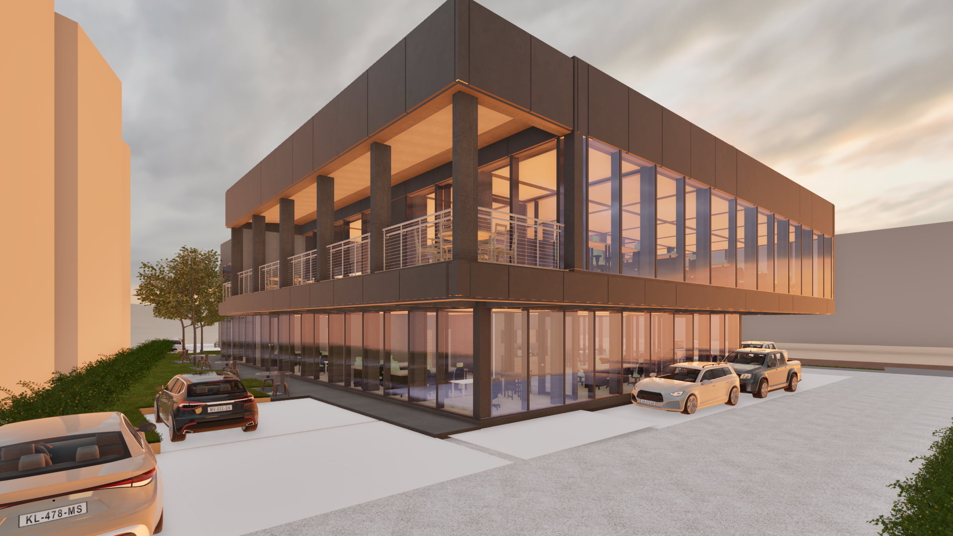 Diseño de Oficinas Corporativas edificio de dos niveles con fachadas acristaladas